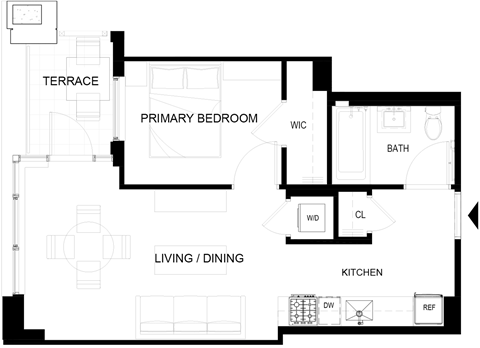 Floor plan for 1 bed, 1 bath, 422 sqft